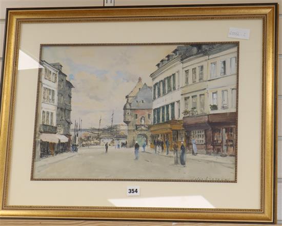 Jules Lessore (1849-1892) watercolour, Street scene with harbour beyond, signed 34 x 49cm.